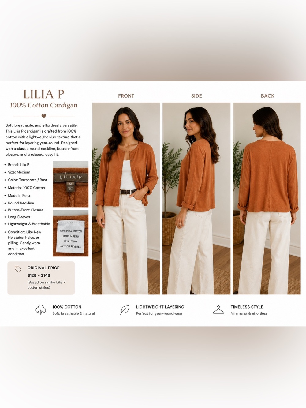Lilla P Terracotta Rust Cotton Cardigan